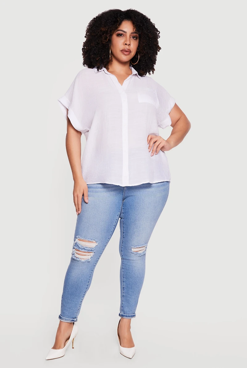 Plus Solid Gauze Knit Short Sleeve Button Front Shirt