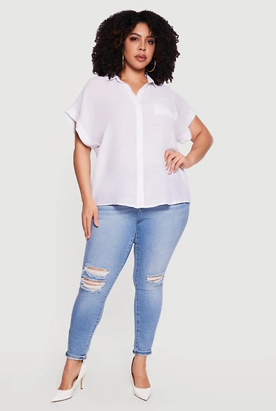 Plus Solid Gauze Knit Short Sleeve Button Front Shirt