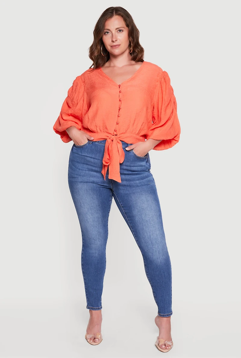 Plus Tie Front Hem Puff Sleeve Button Blouse