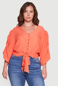 Plus Tie Front Hem Puff Sleeve Button Blouse