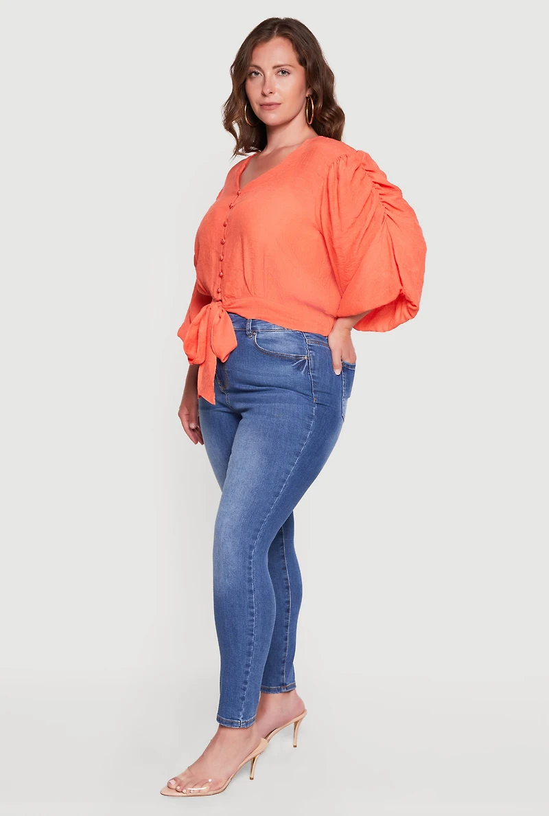 Plus Tie Front Hem Puff Sleeve Button Blouse