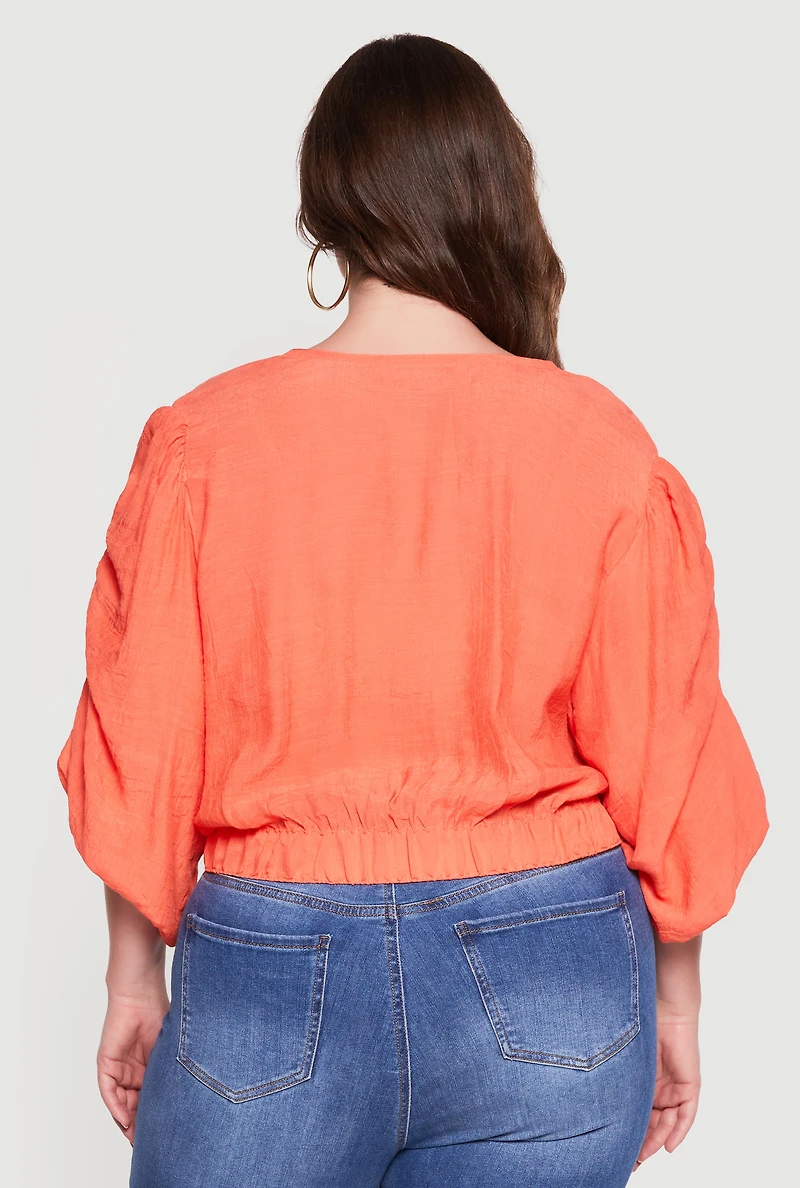Plus Tie Front Hem Puff Sleeve Button Blouse