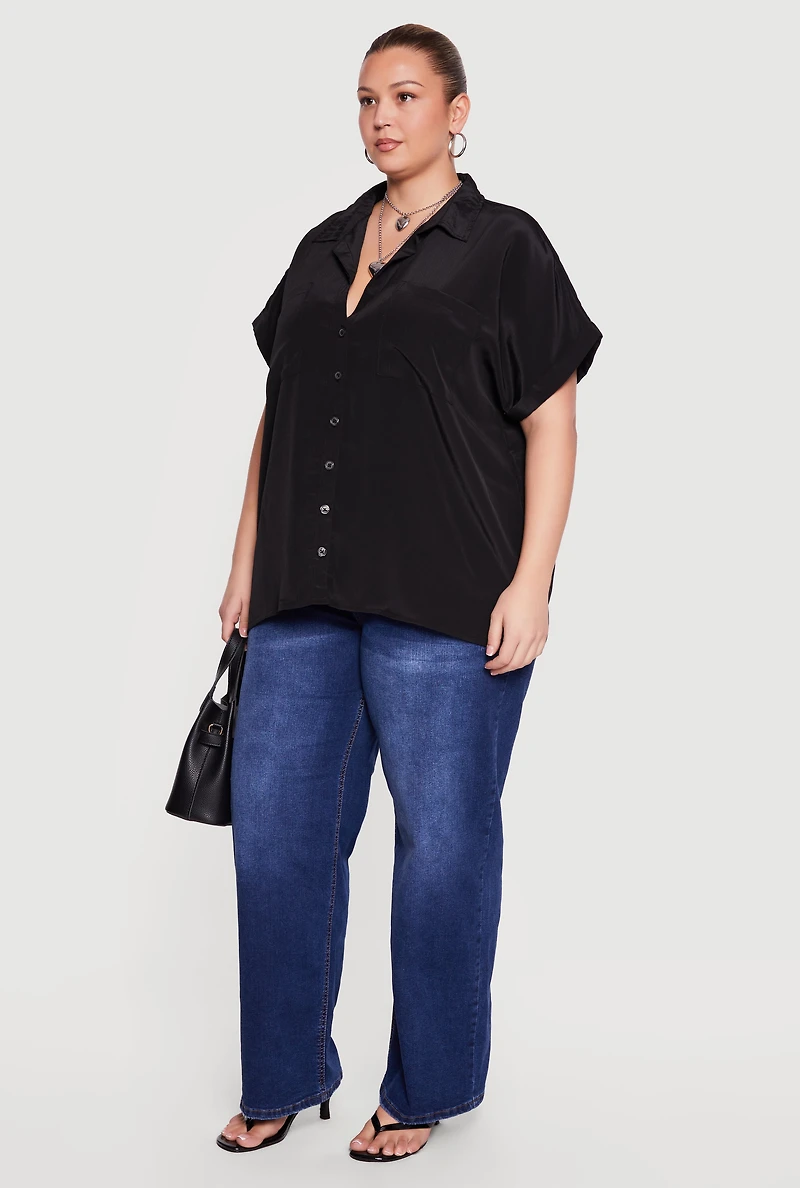 Plus Textured Knit Short Sleeve Button Front Shirt