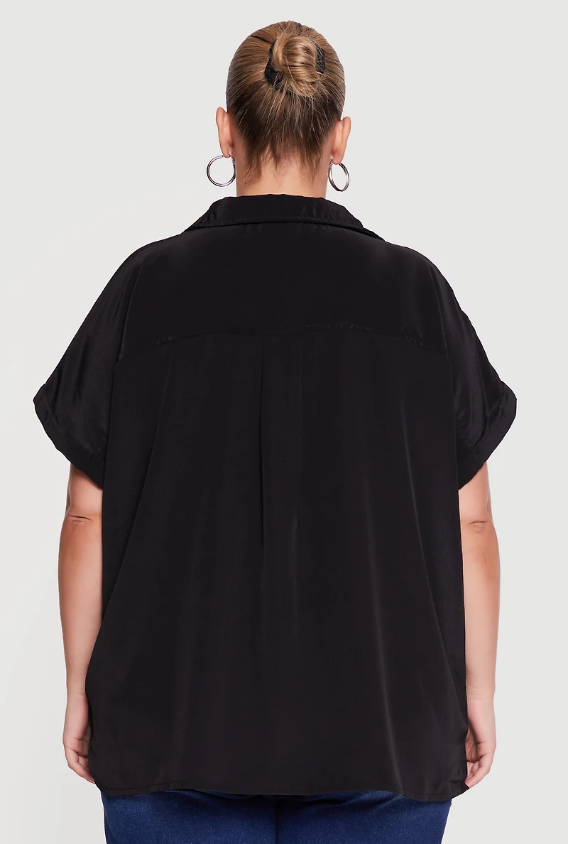 Plus Textured Knit Short Sleeve Button Front Shirt