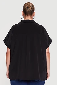 Plus Textured Knit Short Sleeve Button Front Shirt