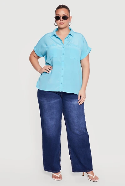 Plus Textured Knit Short Sleeve Button Front Shirt