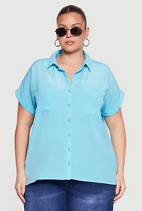 Plus Textured Knit Short Sleeve Button Front Shirt