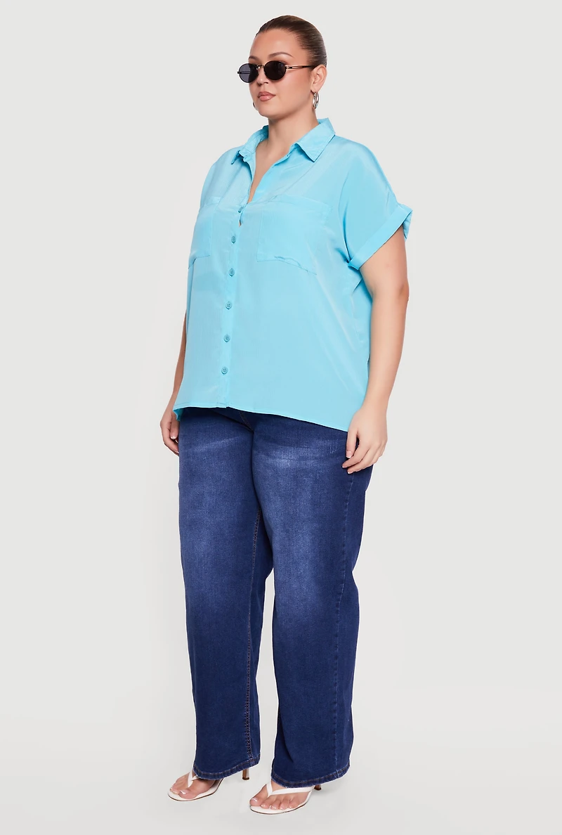Plus Textured Knit Short Sleeve Button Front Shirt