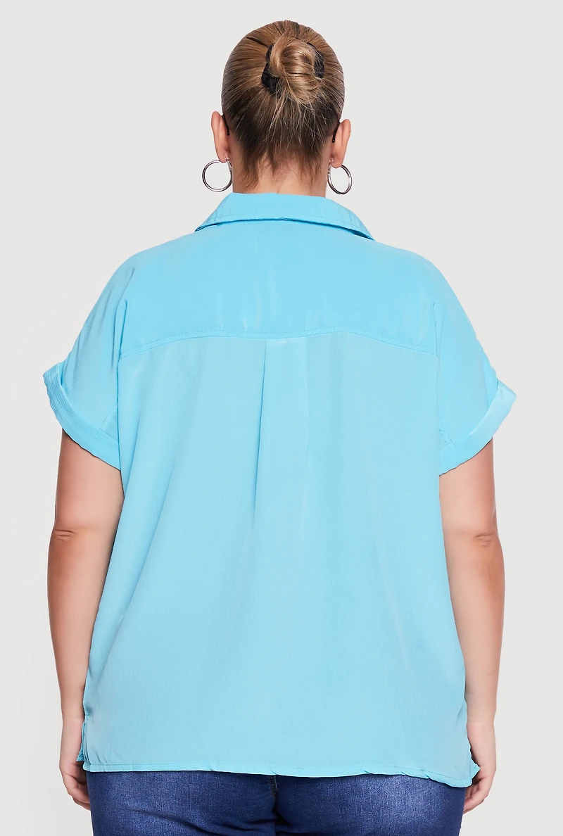 Plus Textured Knit Short Sleeve Button Front Shirt