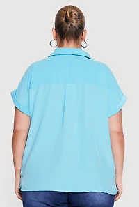 Plus Textured Knit Short Sleeve Button Front Shirt