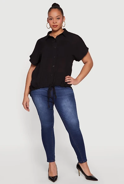 Plus Button Front Drawstring Waist Blouse