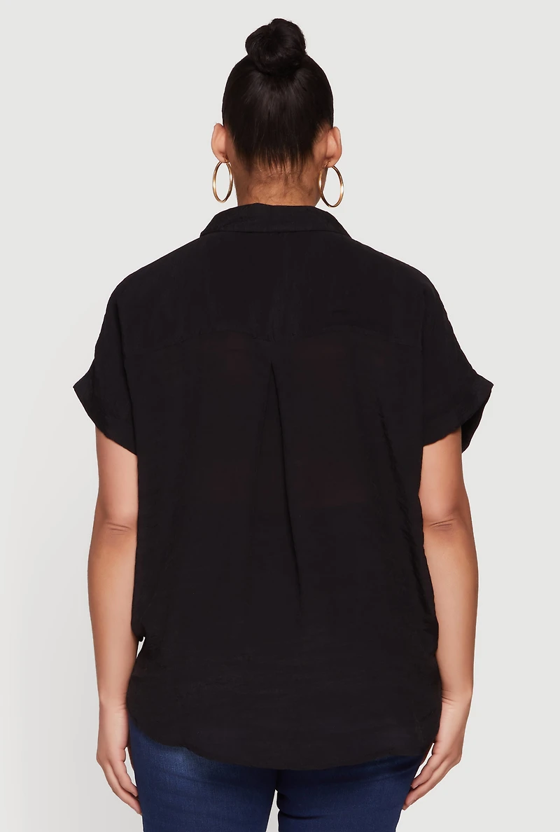 Plus Button Front Drawstring Waist Blouse
