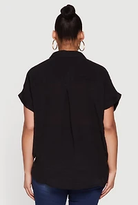 Plus Button Front Drawstring Waist Blouse
