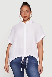 Plus Button Front Drawstring Waist Blouse