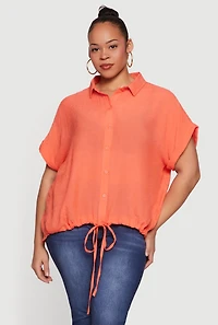 Plus Button Front Drawstring Waist Blouse