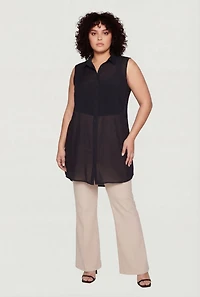 Plus Sleeveless Button Front Collared Tunic Blouse