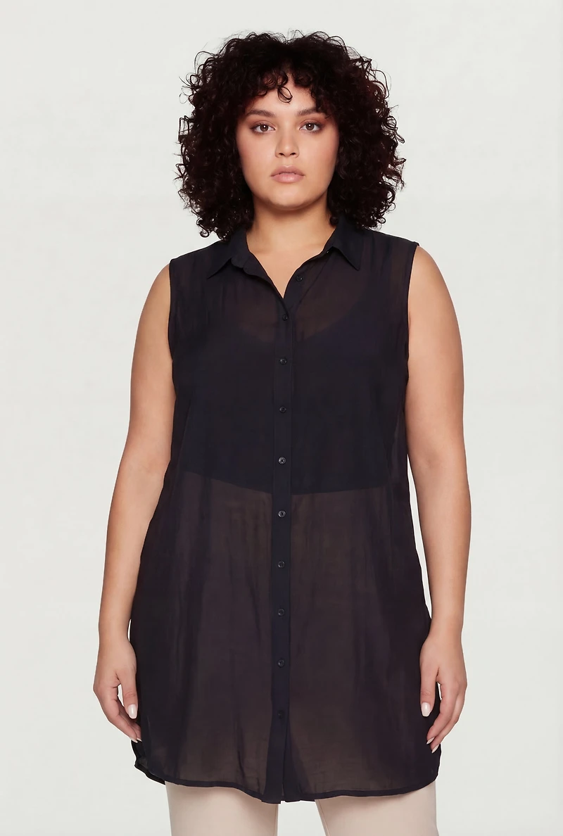 Plus Sleeveless Button Front Collared Tunic Blouse