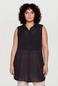 Plus Sleeveless Button Front Collared Tunic Blouse