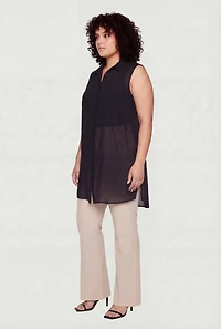 Plus Sleeveless Button Front Collared Tunic Blouse