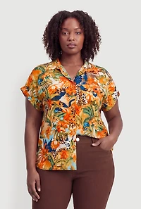 Plus Floral Animal Print Button Front Shirt