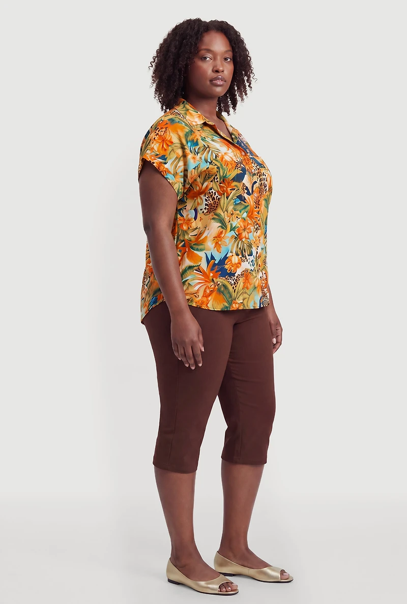 Plus Floral Animal Print Button Front Shirt