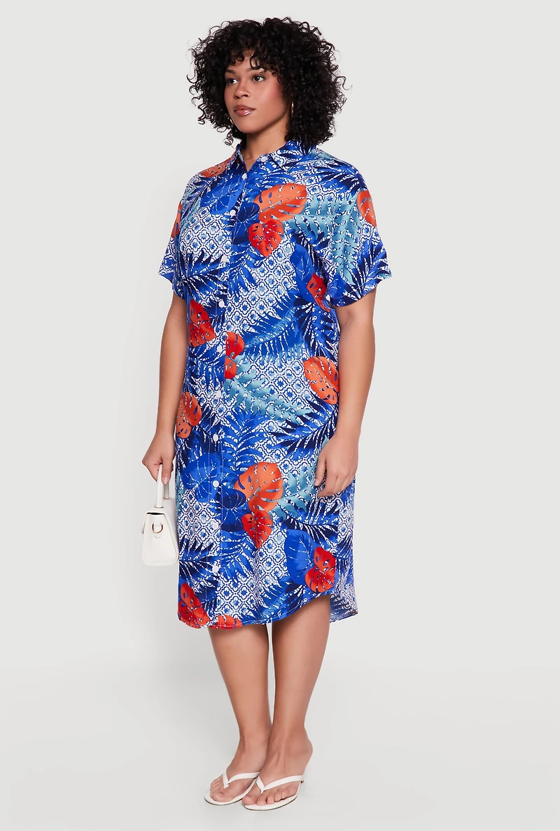Plus Tropical Print Button Front Shirt Dress