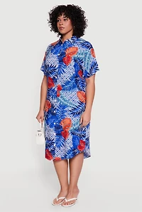 Plus Tropical Print Button Front Shirt Dress
