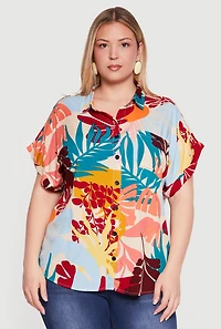 Plus Leaf Print Button Front Shirt