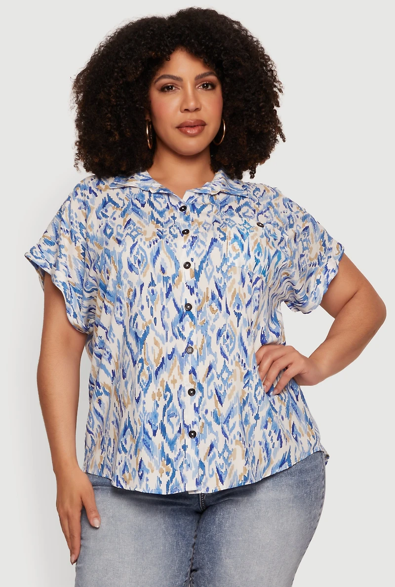 Plus Printed Pattern Button Front Tunic Shirt