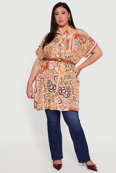 Plus Patterned Button Front Tunic Shirt