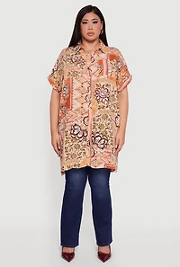 Plus Patterned Button Front Tunic Shirt