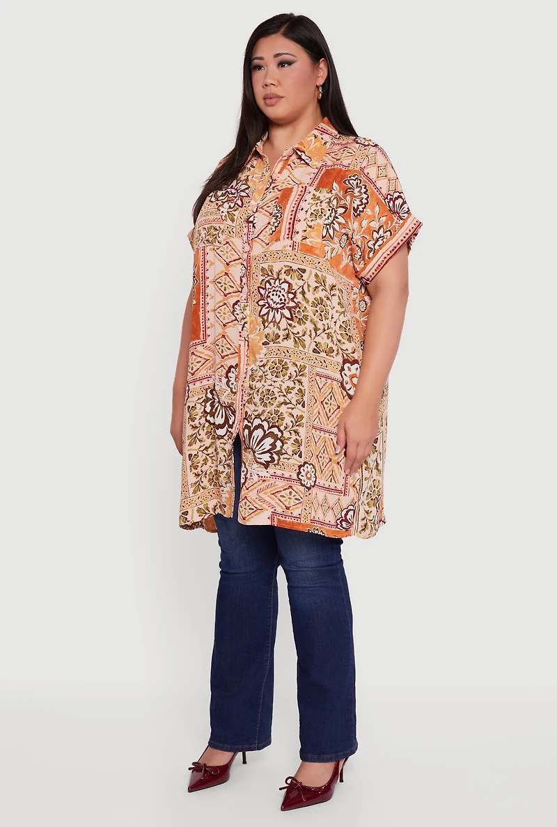Plus Patterned Button Front Tunic Shirt