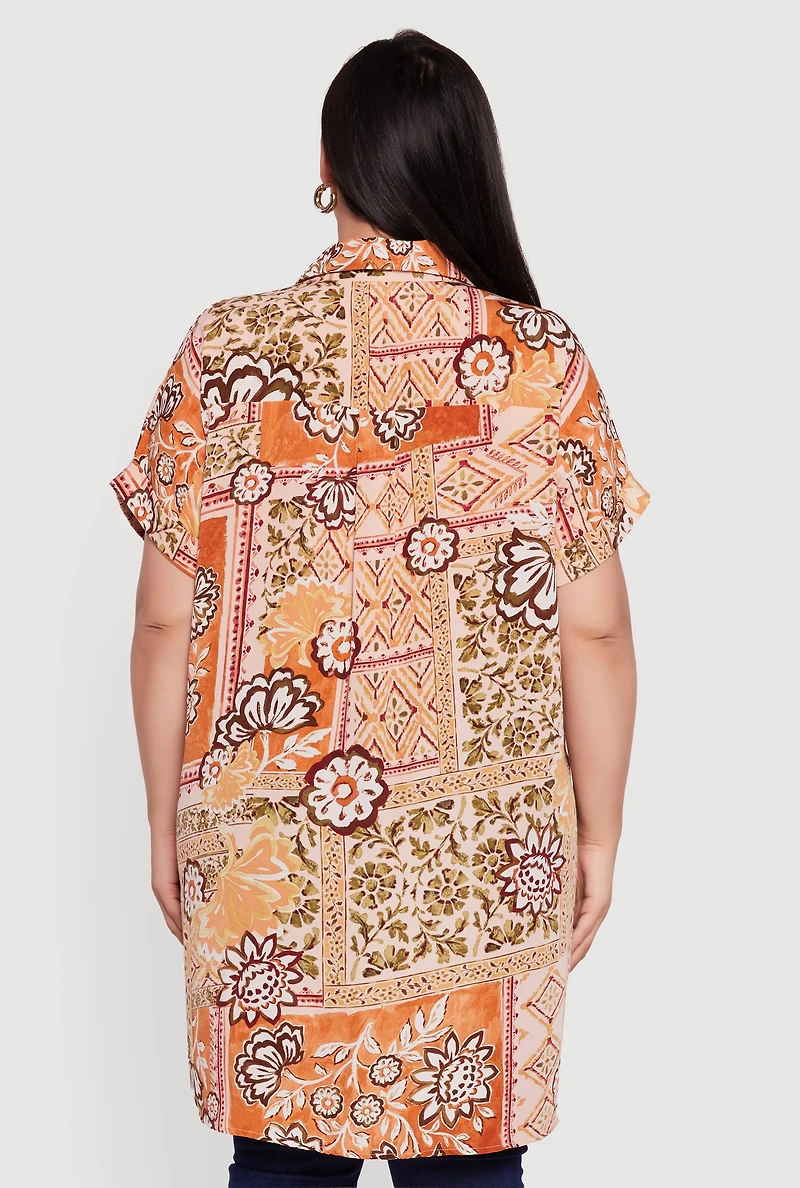 Plus Patterned Button Front Tunic Shirt