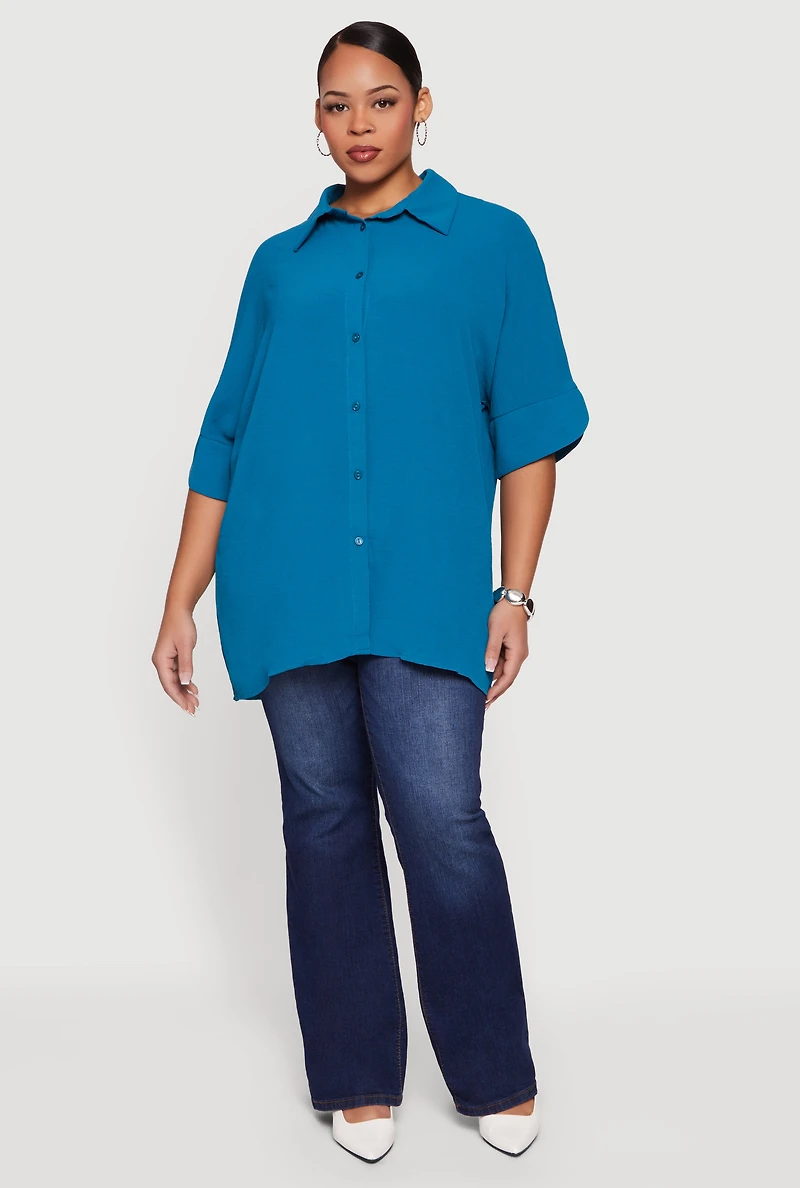 Plus Crepe Knit Button Front Tunic Shirt