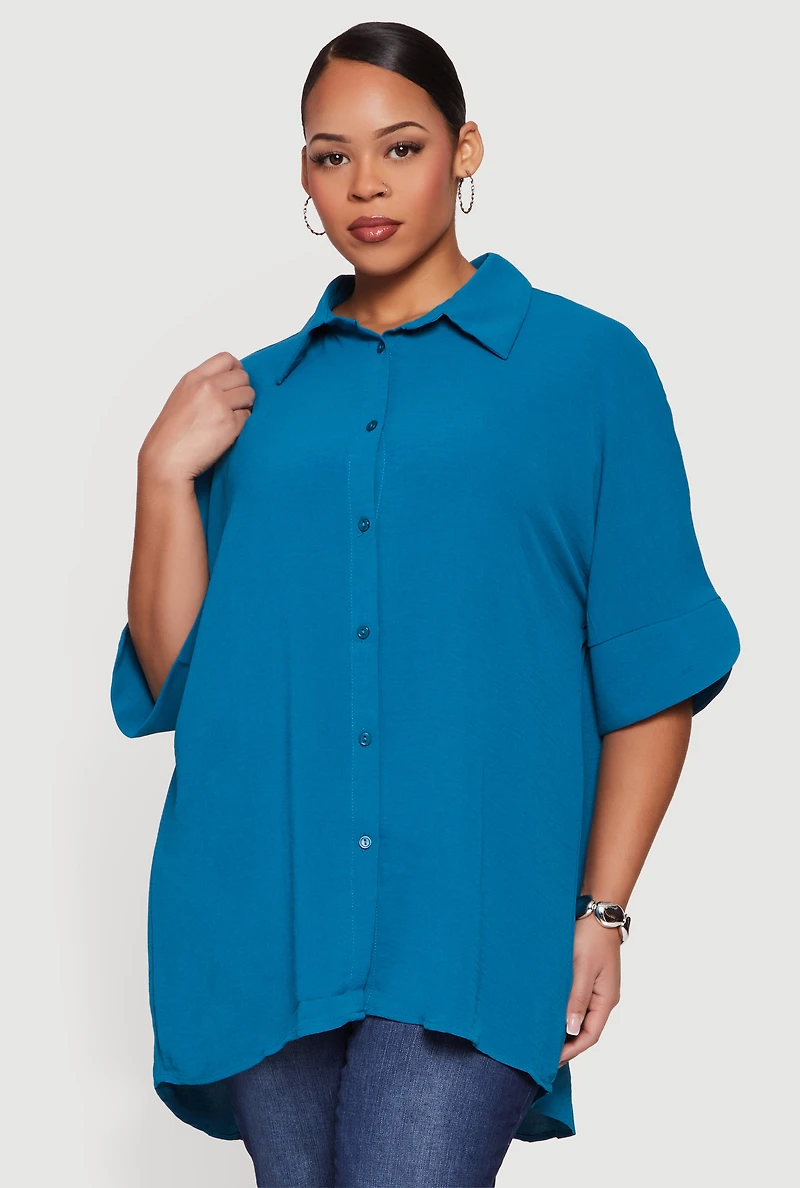 Plus Crepe Knit Button Front Tunic Shirt