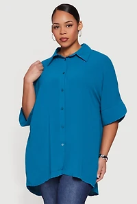 Plus Crepe Knit Button Front Tunic Shirt