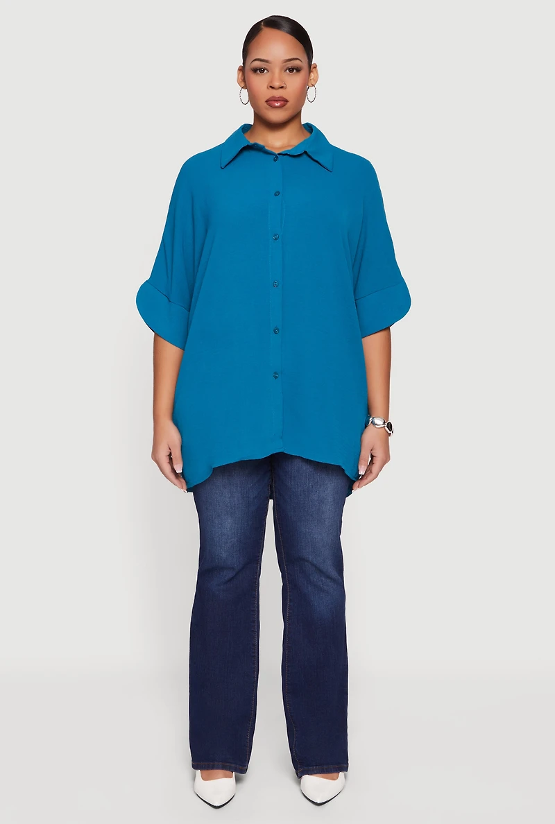 Plus Crepe Knit Button Front Tunic Shirt