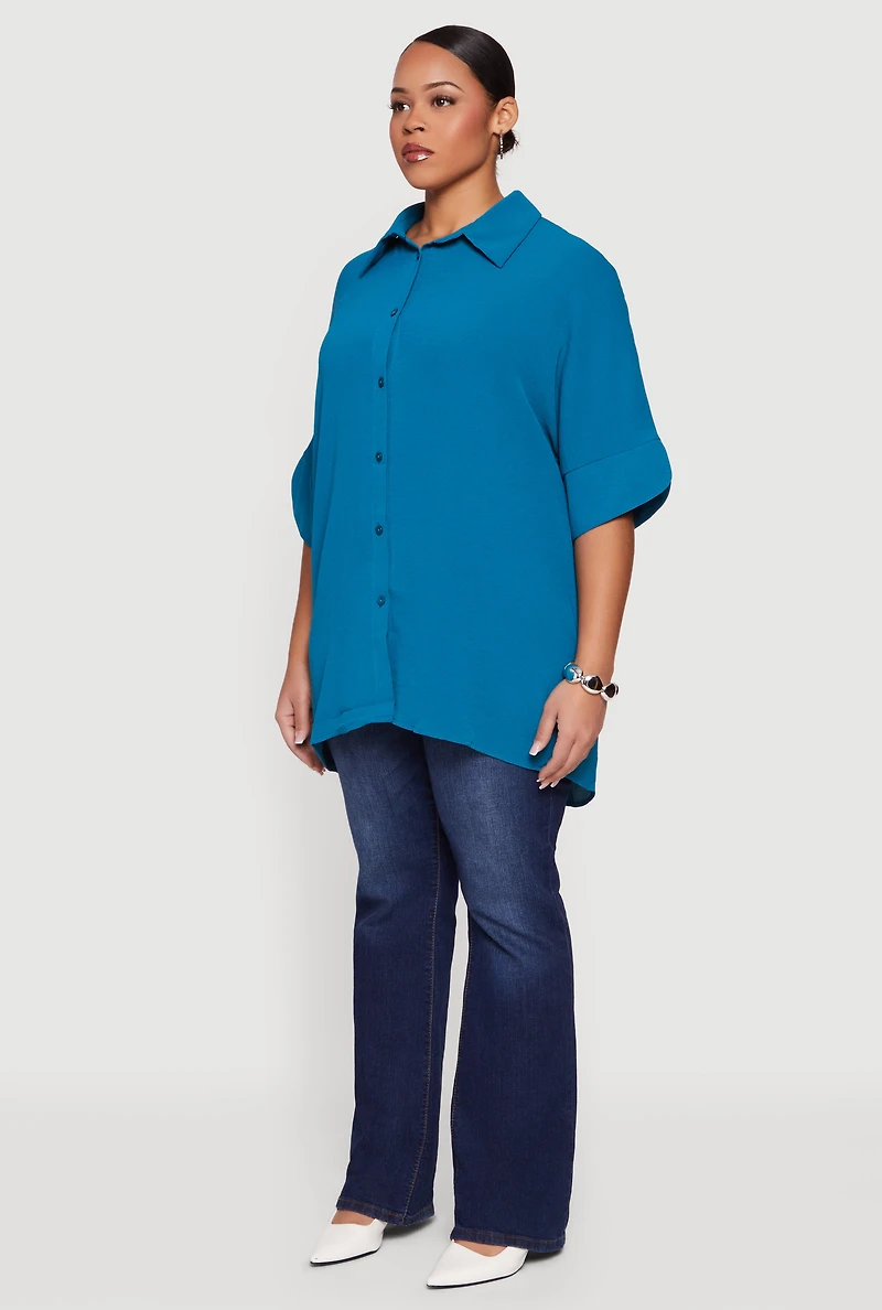 Plus Crepe Knit Button Front Tunic Shirt