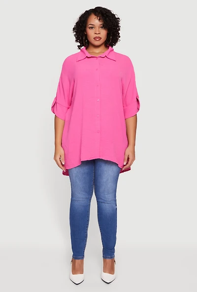 Plus Crepe Knit Button Front Tunic Shirt