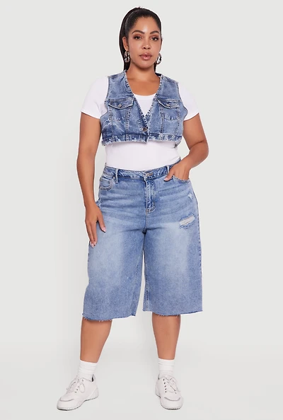 Womens Plus Size Acid Wash Cropped Distressed Denim Vest, Blue, Size 3X