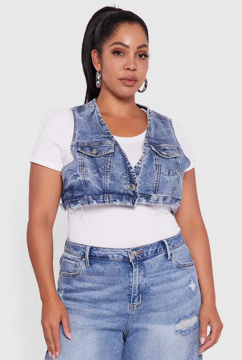 Womens Plus Size Acid Wash Cropped Distressed Denim Vest, Blue, Size 3X