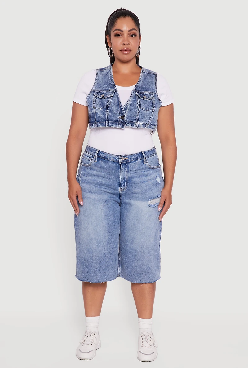 Womens Plus Size Acid Wash Cropped Distressed Denim Vest, Blue, Size 3X