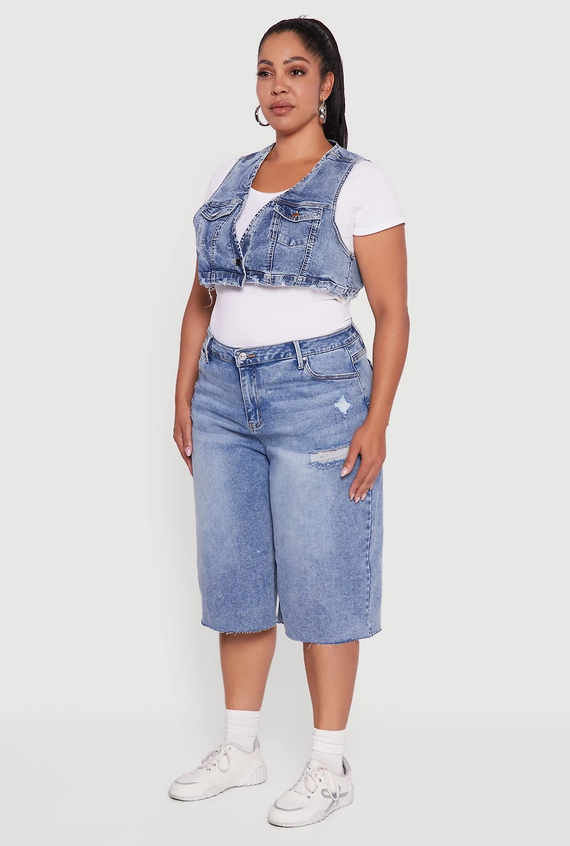 Womens Plus Size Acid Wash Cropped Distressed Denim Vest, Blue, Size 3X