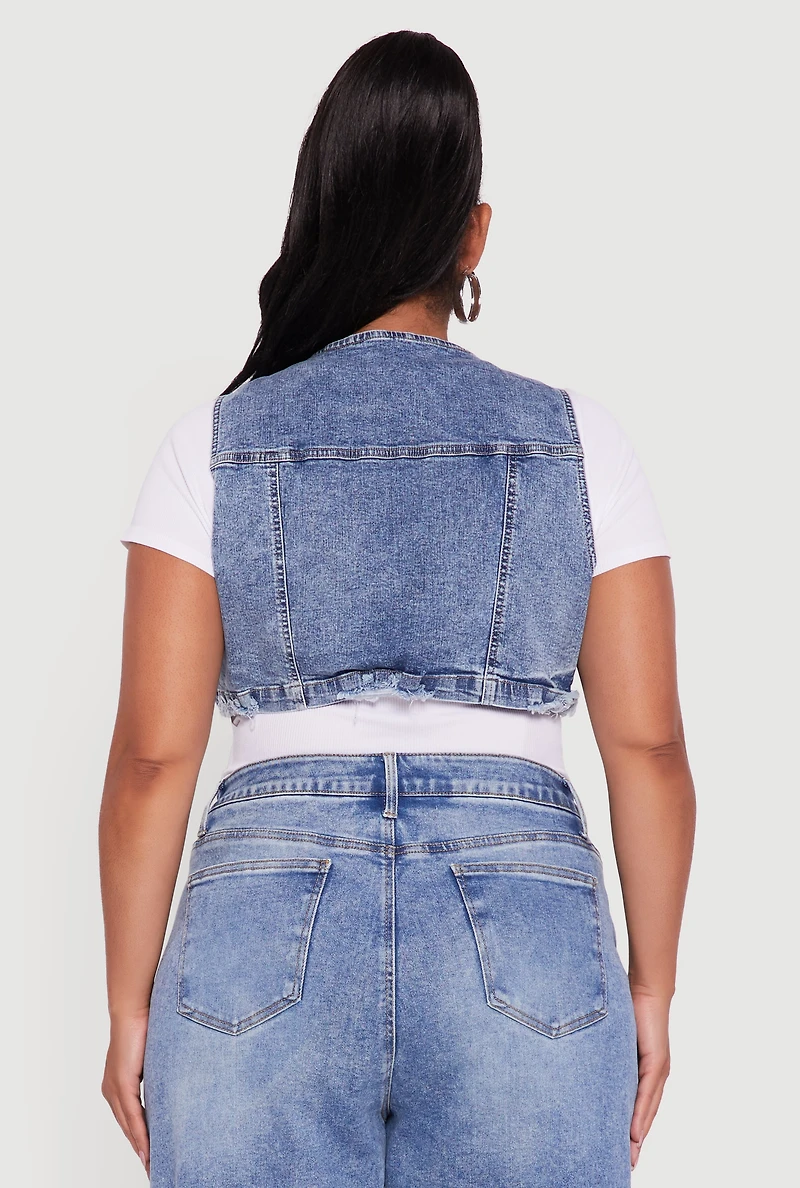 Womens Plus Size Acid Wash Cropped Distressed Denim Vest, Blue, Size 3X
