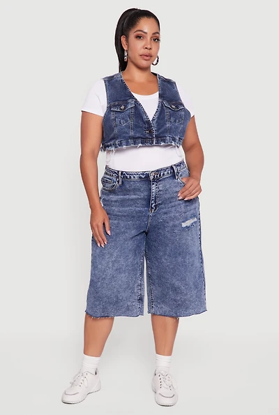 Womens Plus Size Acid Wash Cropped Distressed Denim Vest, Blue, Size 1X