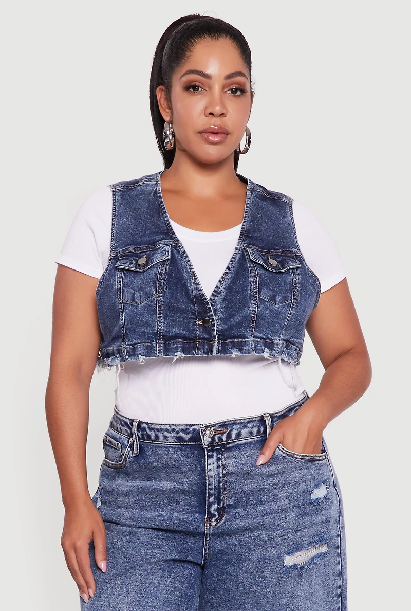 Womens Plus Size Acid Wash Cropped Distressed Denim Vest, Blue, Size 1X