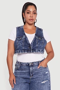 Womens Plus Size Acid Wash Cropped Distressed Denim Vest, Blue, Size 1X