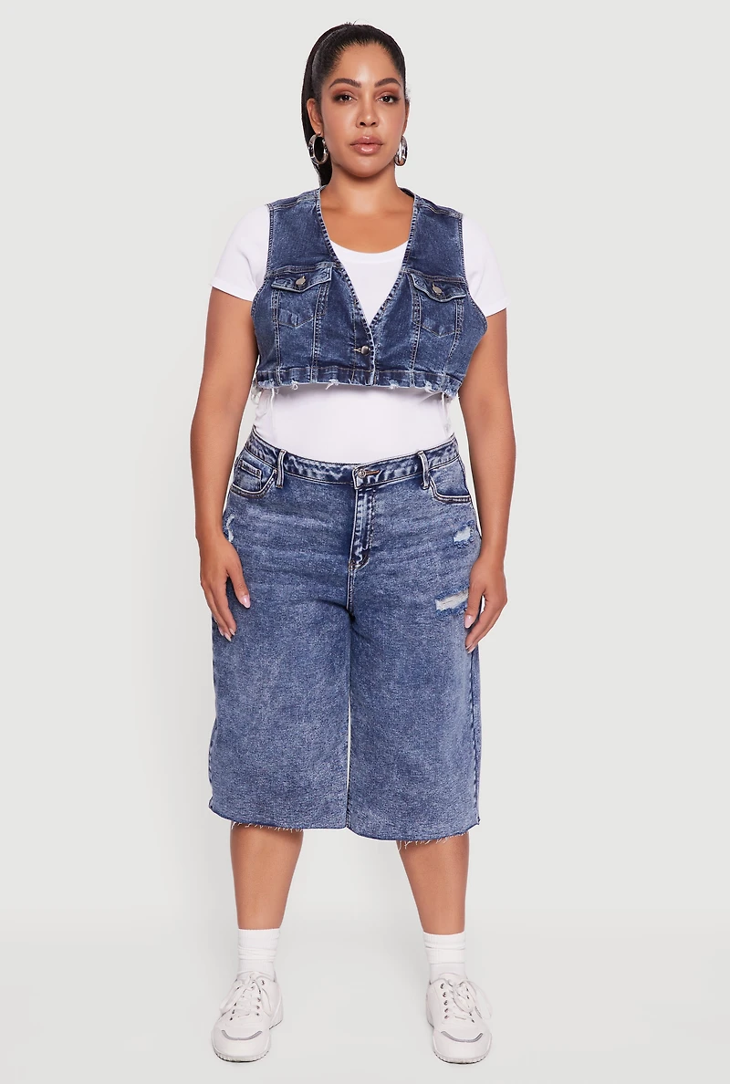 Womens Plus Size Acid Wash Cropped Distressed Denim Vest, Blue, Size 1X