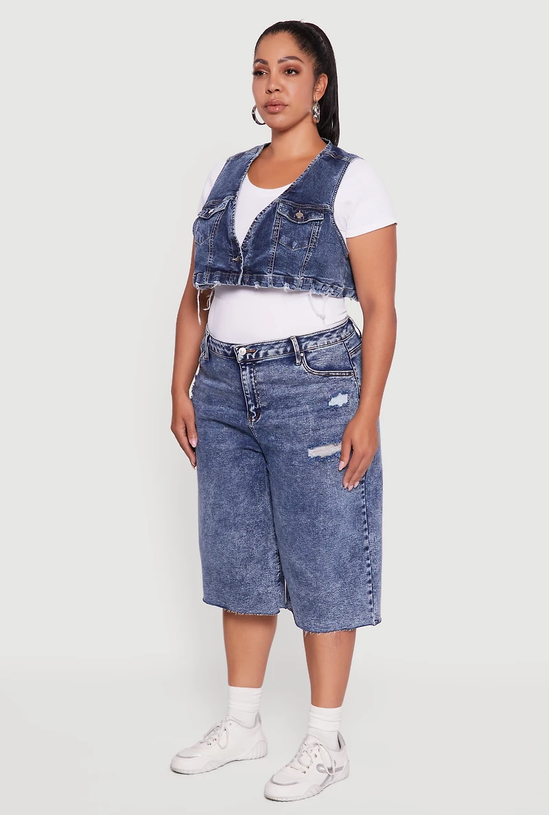 Plus Acid Wash Cropped Distressed Denim Vest