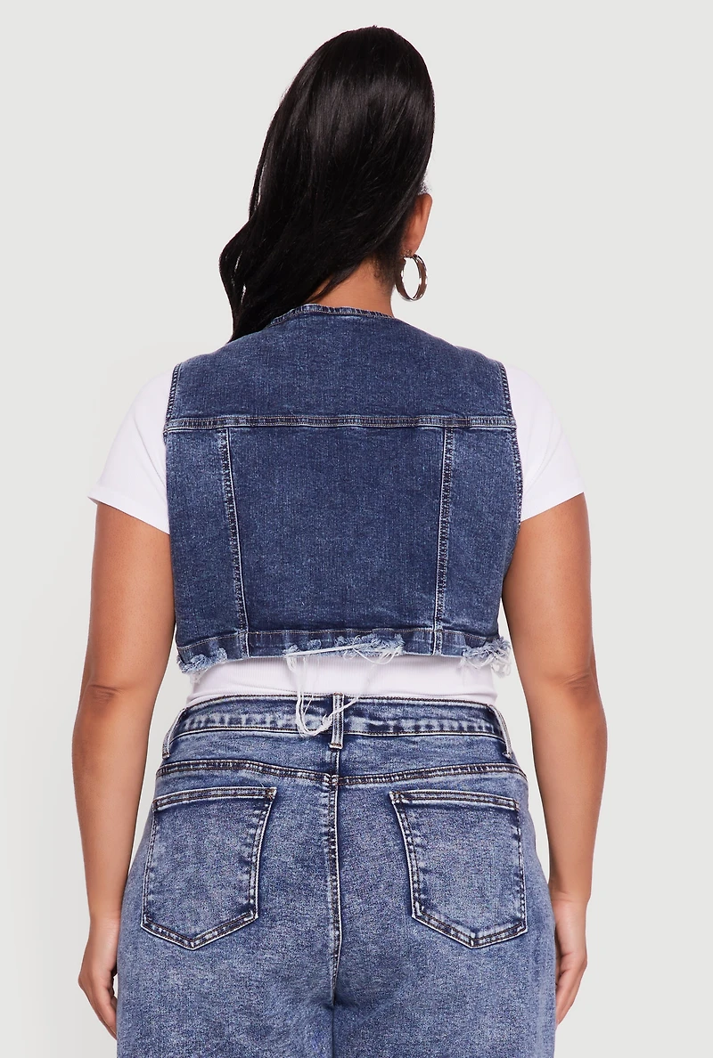 Womens Plus Size Acid Wash Cropped Distressed Denim Vest, Blue, Size 1X